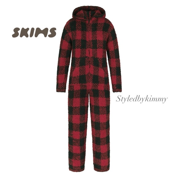 SKIMS COZY KNIT UNISEX ONESIE NWT NEW Brick Buffalo Check L/XL - Picture 1 of 4